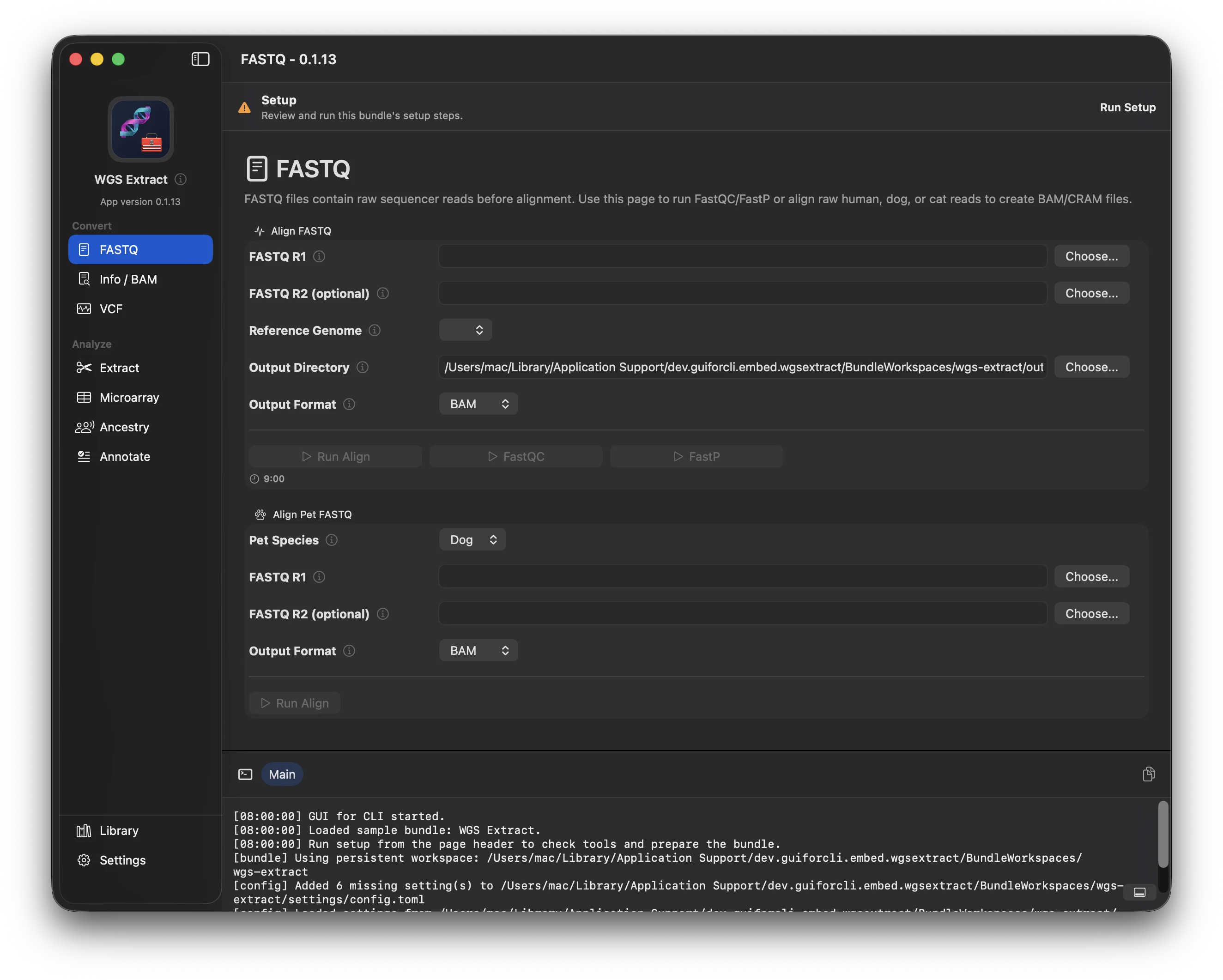 WGSExtract desktop app showing the FASTQ workflow in GUI for CLI.