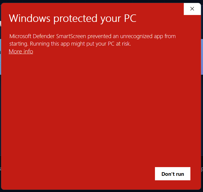 Windows SmartScreen warning with the More info link visible