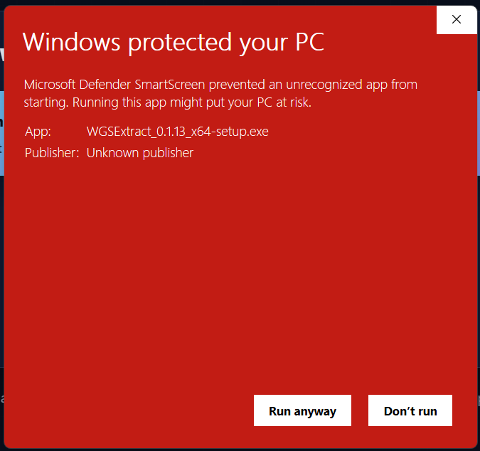 Windows SmartScreen warning after expanding details, showing the Run anyway button