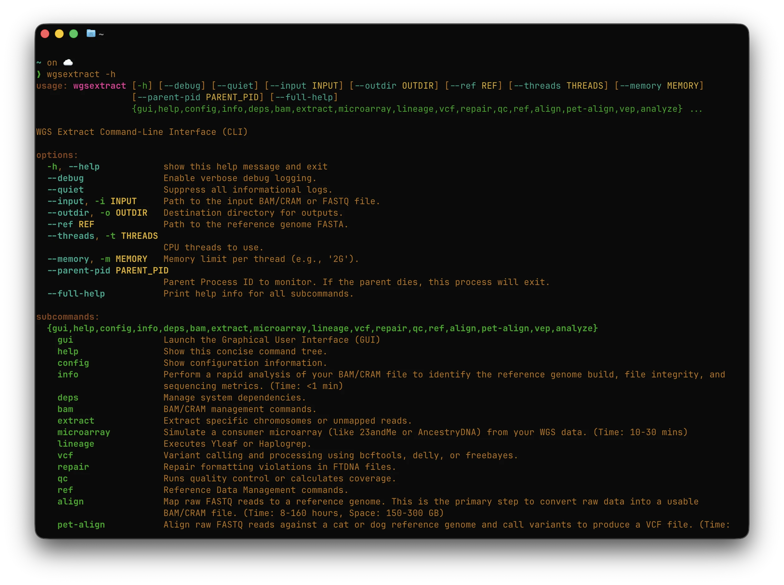 WGSExtract CLI desktop app showing command-line workflow output.